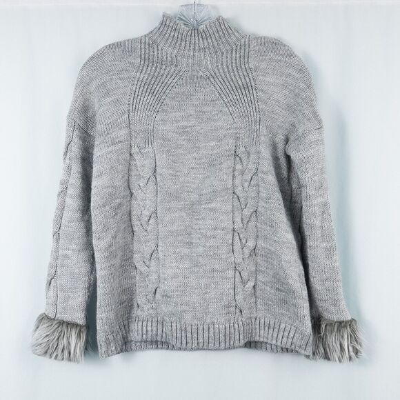 Toda Bella Wool Blend Cable Sweater Womens Small Gray Faux Fur Cuffs Mock Neck - Picture 1 of 15